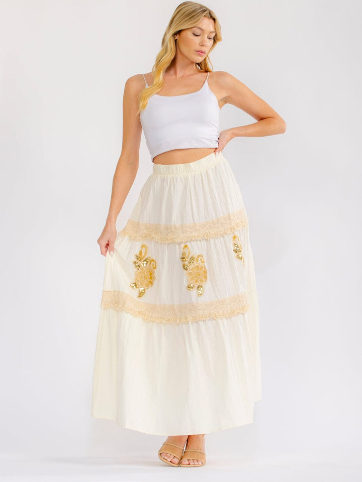 WOMEN'S ELASTIC WAIST TIERED FLOWER SEQUINS MAXI SKIRT