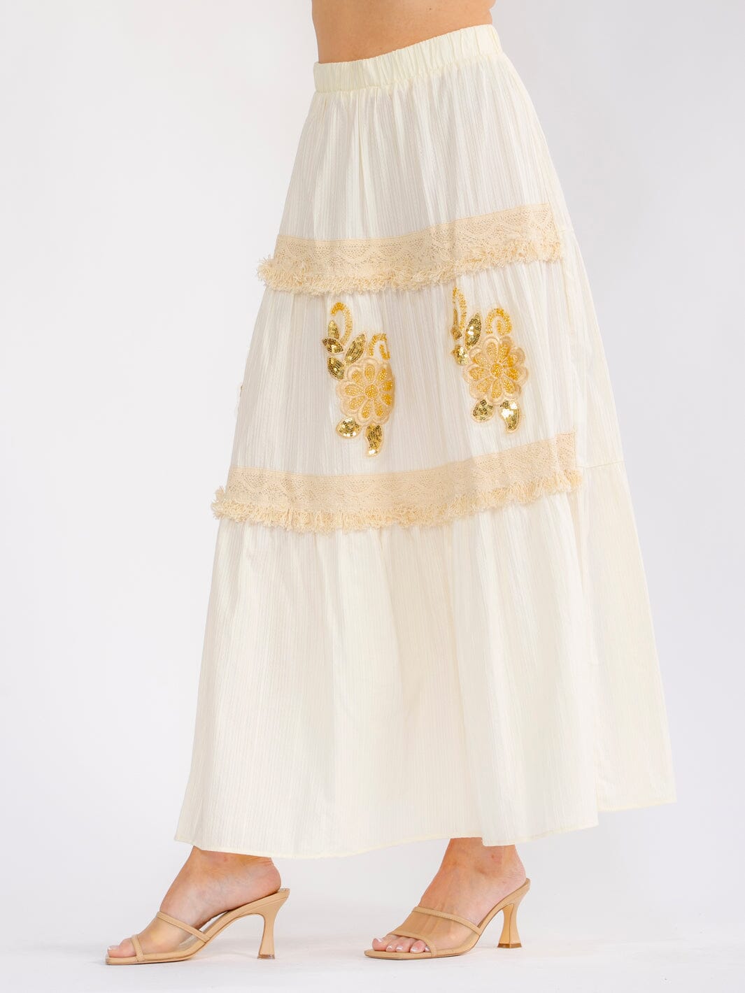 WOMEN'S ELASTIC WAIST TIERED FLOWER SEQUINS MAXI SKIRT
