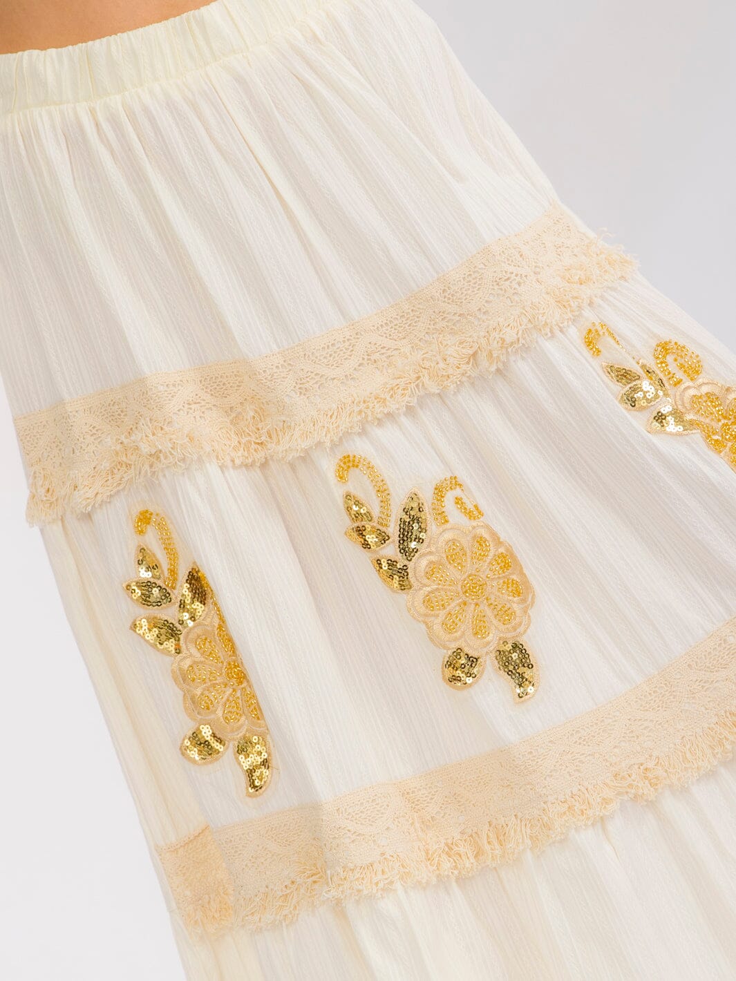 WOMEN'S ELASTIC WAIST TIERED FLOWER SEQUINS MAXI SKIRT