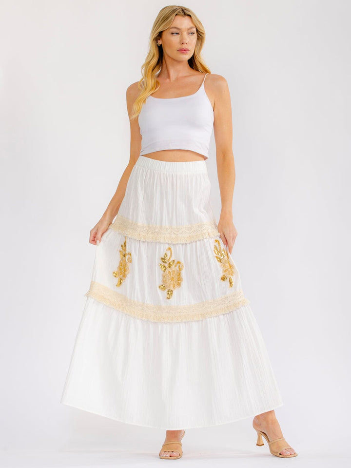 WOMEN'S ELASTIC WAIST TIERED FLOWER SEQUINS MAXI SKIRT