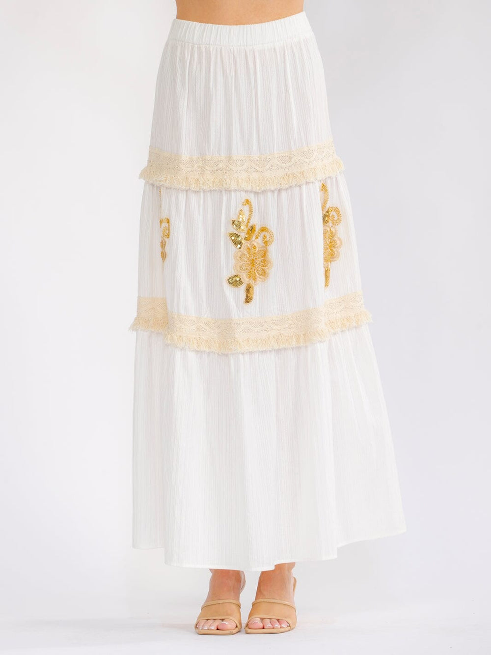 WOMEN'S ELASTIC WAIST TIERED FLOWER SEQUINS MAXI SKIRT