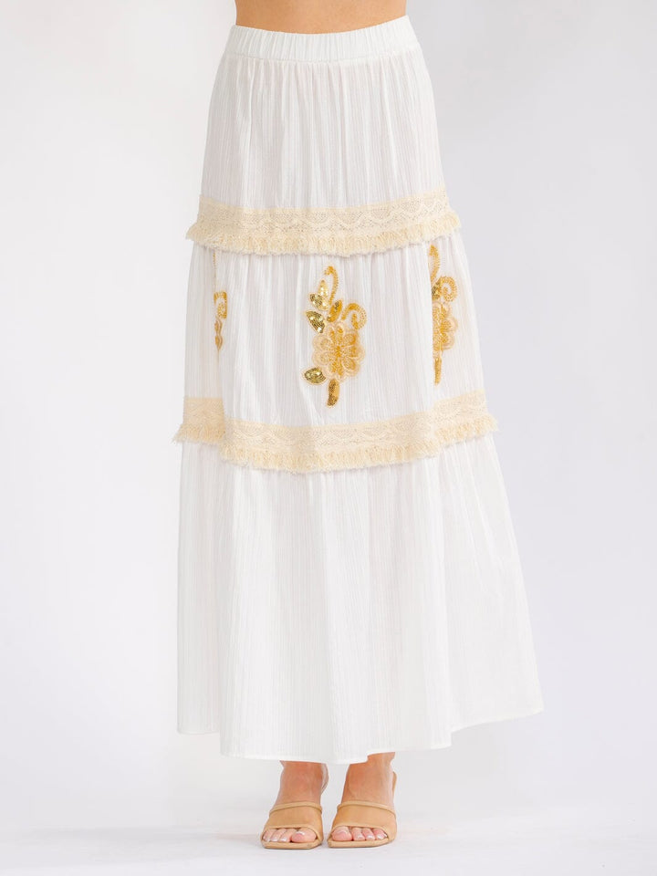 WOMEN'S ELASTIC WAIST TIERED FLOWER SEQUINS MAXI SKIRT
