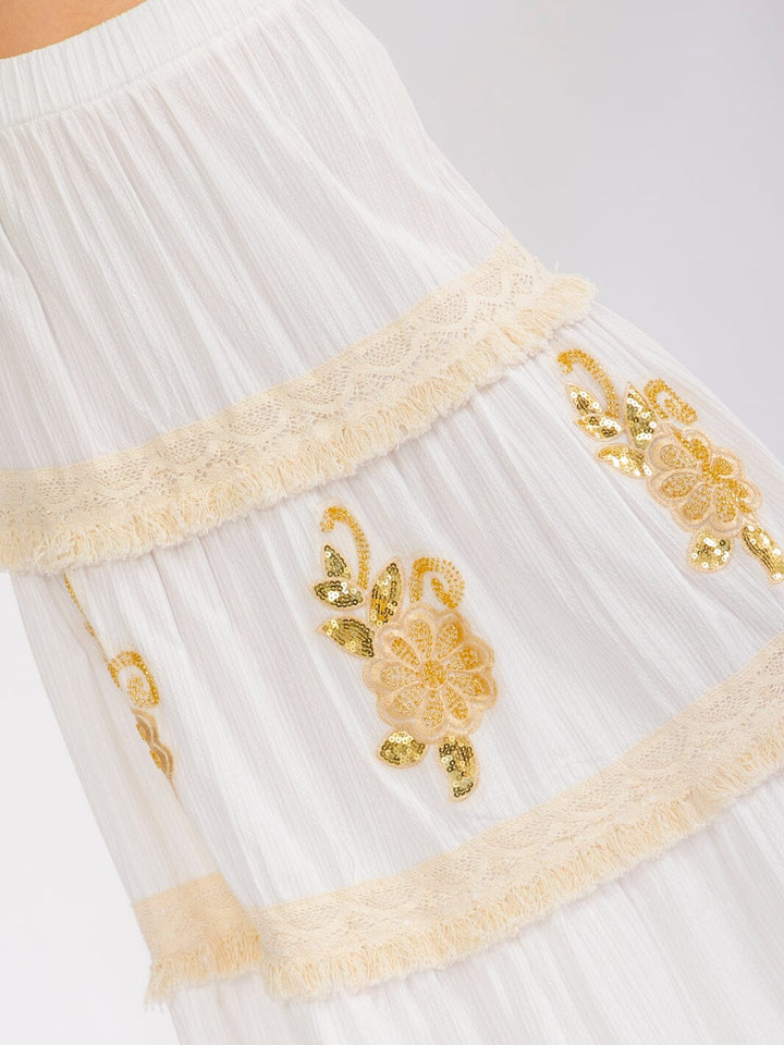 WOMEN'S ELASTIC WAIST TIERED FLOWER SEQUINS MAXI SKIRT