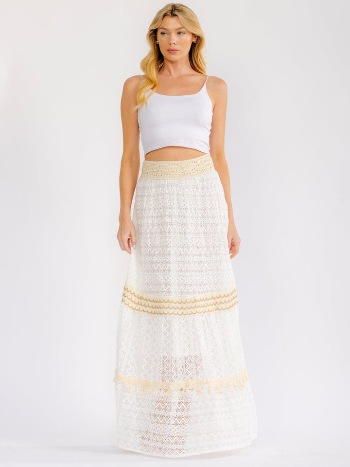 WOMEN'S ELASTIC WAIST SEQUINS SHIMMER LACE TIERED MAXI SKIRT
