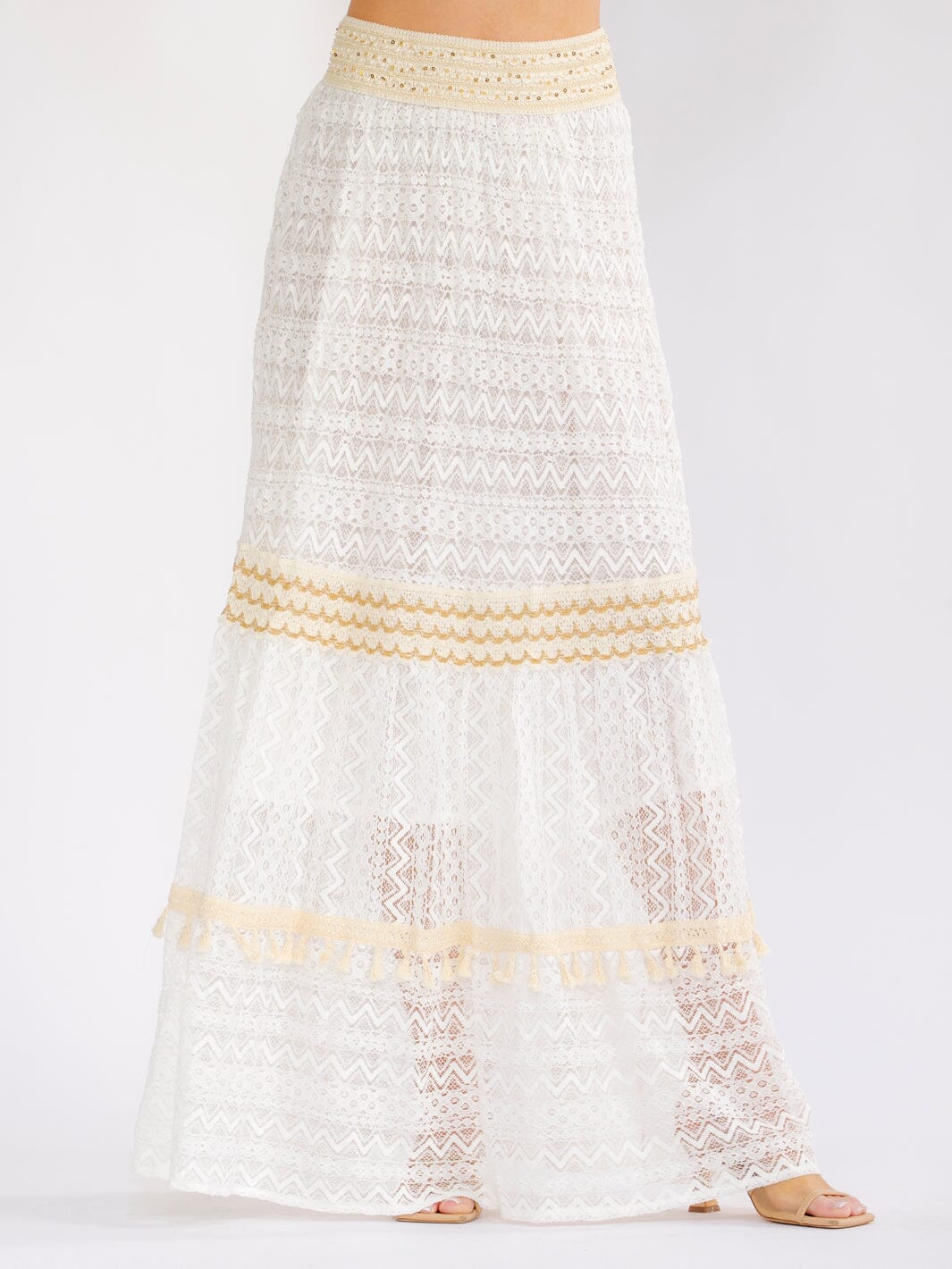 WOMEN'S ELASTIC WAIST SEQUINS SHIMMER LACE TIERED MAXI SKIRT