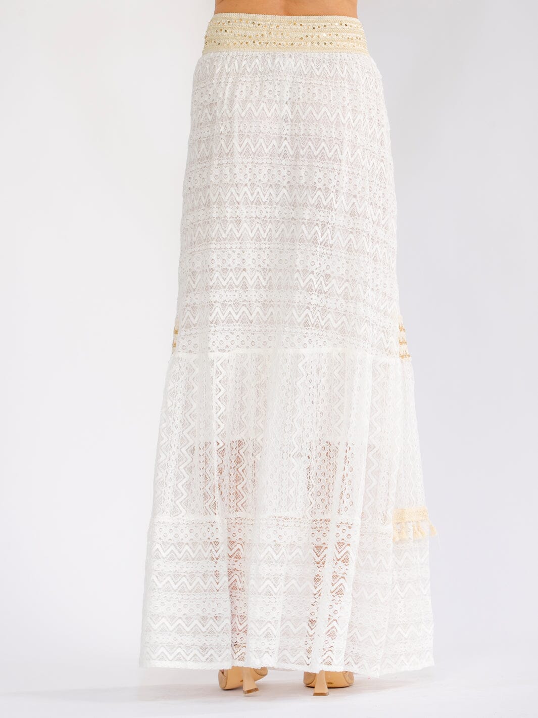 WOMEN'S ELASTIC WAIST SEQUINS SHIMMER LACE TIERED MAXI SKIRT