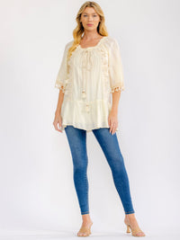 WOMEN'S SHORT SLEEVE TASSEL TRIM CROCHET TUNIC TOP