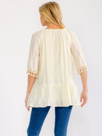 WOMEN'S SHORT SLEEVE TASSEL TRIM CROCHET TUNIC TOP