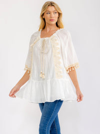 WOMEN'S SHORT SLEEVE TASSEL TRIM CROCHET TUNIC TOP