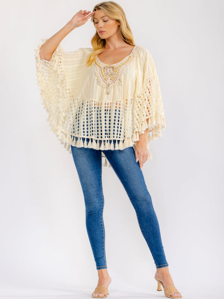 WOMEN'S LONG SLEEVE TASSEL TRIM CROCHET TUNIC TOP
