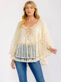 WOMEN'S LONG SLEEVE TASSEL TRIM CROCHET TUNIC TOP