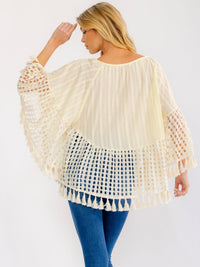WOMEN'S LONG SLEEVE TASSEL TRIM CROCHET TUNIC TOP