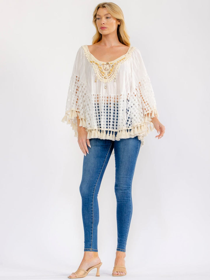 WOMEN'S LONG SLEEVE TASSEL TRIM CROCHET TUNIC TOP