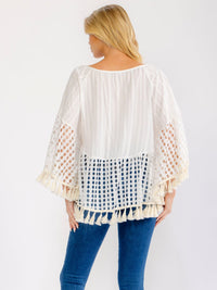 WOMEN'S LONG SLEEVE TASSEL TRIM CROCHET TUNIC TOP