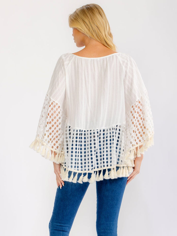 WOMEN'S LONG SLEEVE TASSEL TRIM CROCHET TUNIC TOP