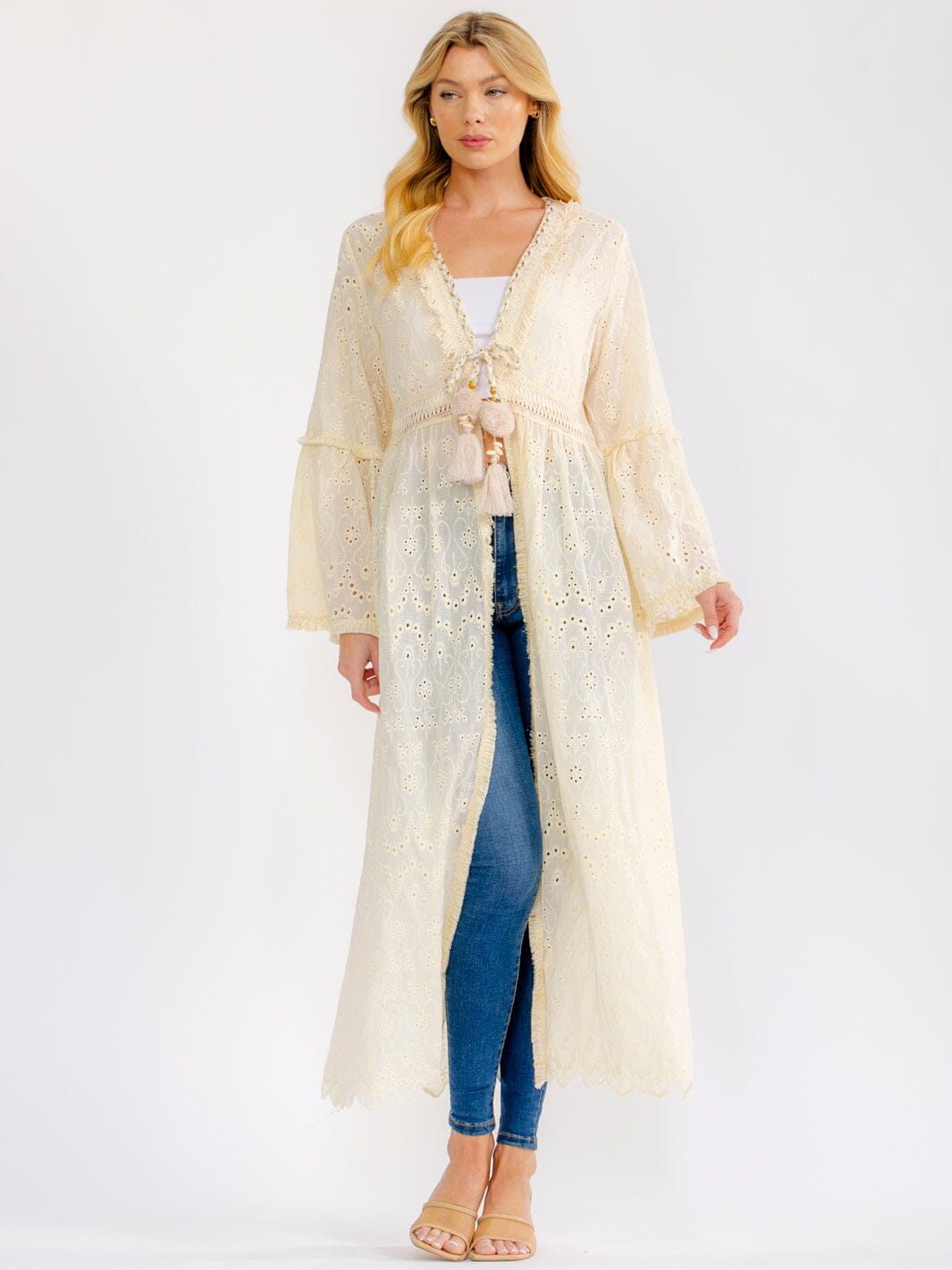 WOMEN'S LONG BELL SLEEVE OPEN FRONT EYELET CARDIGAN