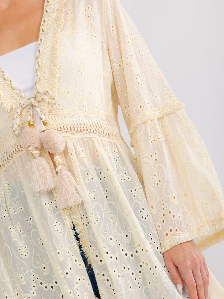 WOMEN'S LONG BELL SLEEVE OPEN FRONT EYELET CARDIGAN