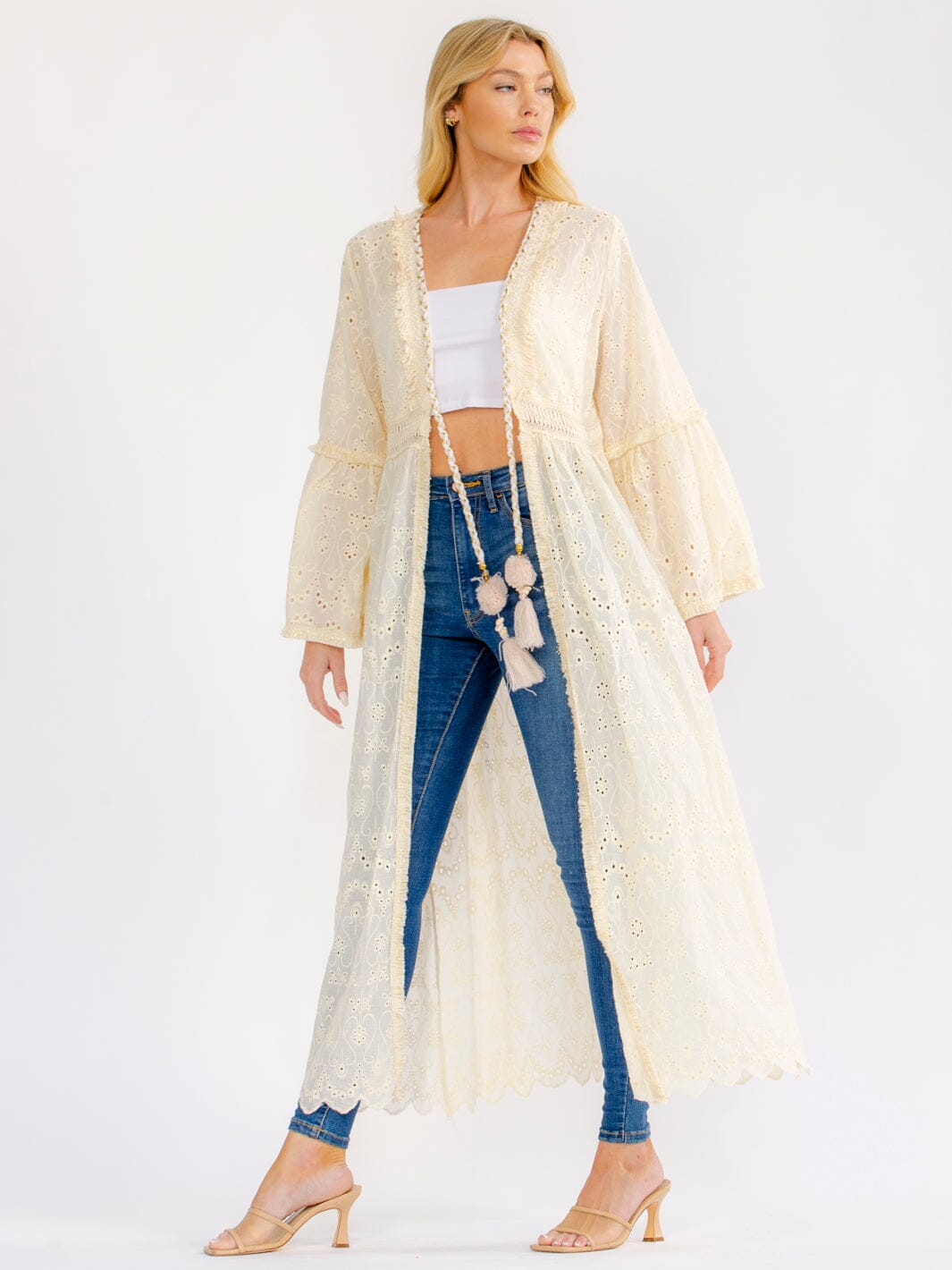 WOMEN'S LONG BELL SLEEVE OPEN FRONT EYELET CARDIGAN
