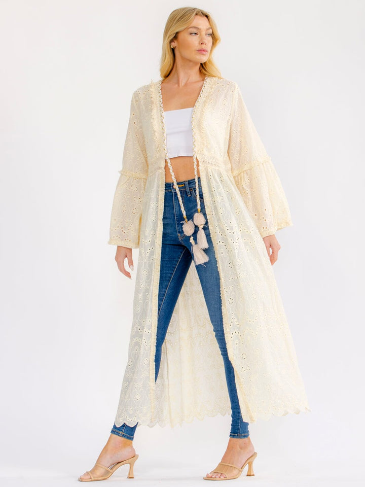 WOMEN'S LONG BELL SLEEVE OPEN FRONT EYELET CARDIGAN