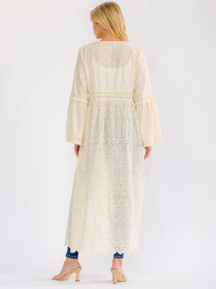 WOMEN'S LONG BELL SLEEVE OPEN FRONT EYELET CARDIGAN