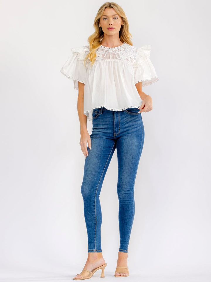 WOMEN'S SHORT RUFFLE SLEEVE LACE NECK LOOSE FIT BLOUE