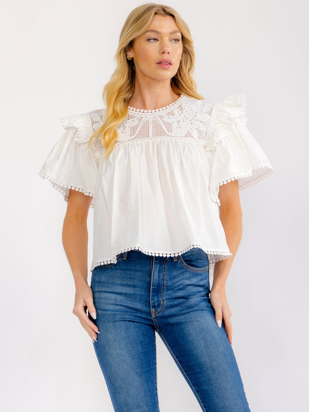 WOMEN'S SHORT RUFFLE SLEEVE LACE NECK LOOSE FIT BLOUE