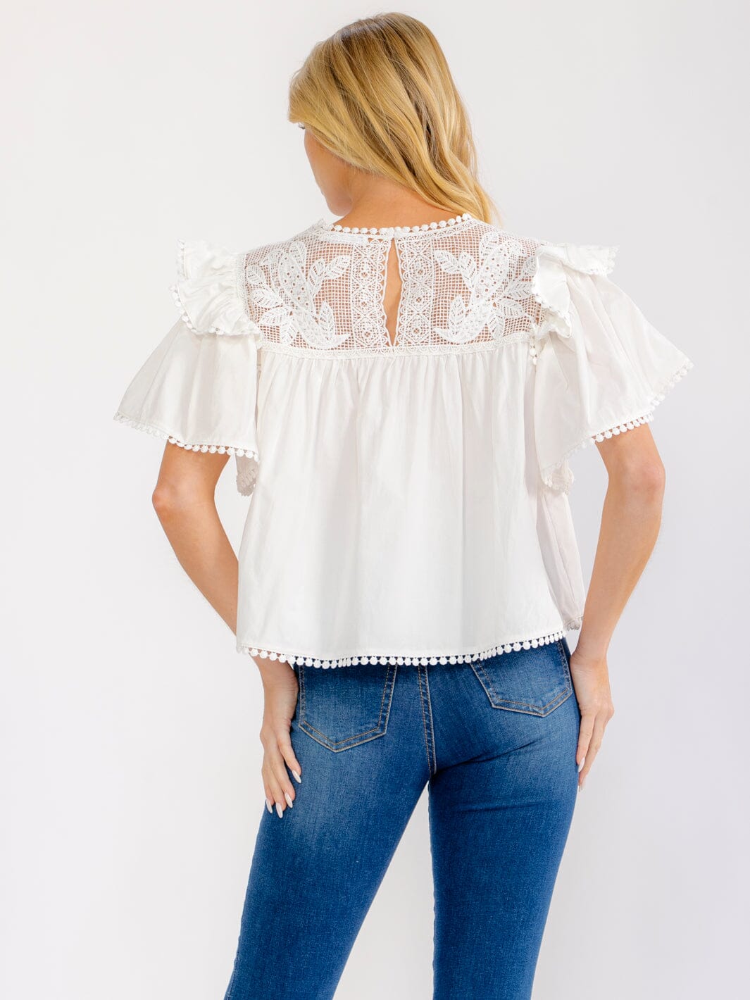 WOMEN'S SHORT RUFFLE SLEEVE LACE NECK LOOSE FIT BLOUE