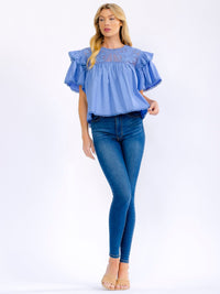 WOMEN'S SHORT RUFFLE SLEEVE LACE NECK LOOSE FIT BLOUE