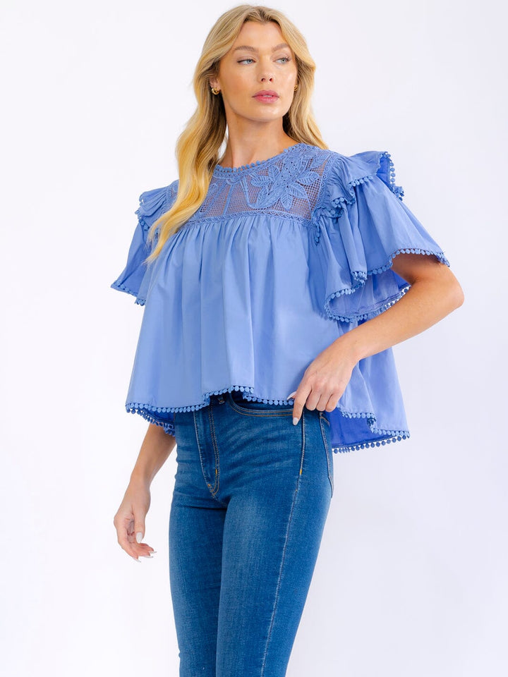 WOMEN'S SHORT RUFFLE SLEEVE LACE NECK LOOSE FIT BLOUE
