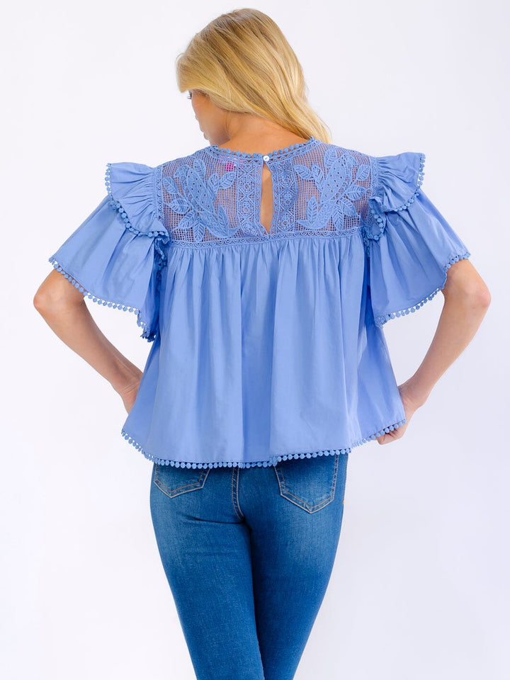 WOMEN'S SHORT RUFFLE SLEEVE LACE NECK LOOSE FIT BLOUE