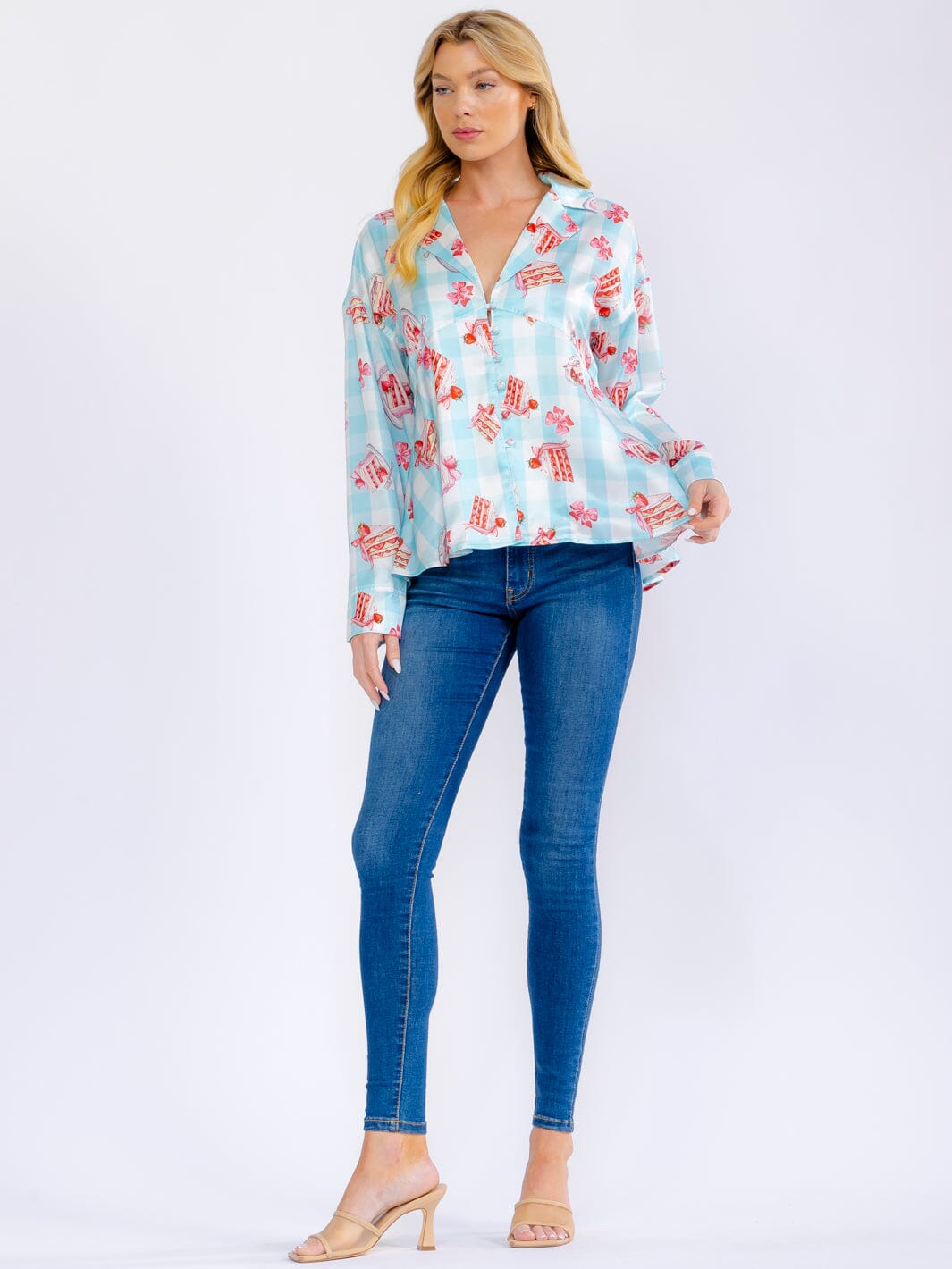 WOMEN'S LONG SLEEVE BUTTON UP MULTI PRINT BLOUSE