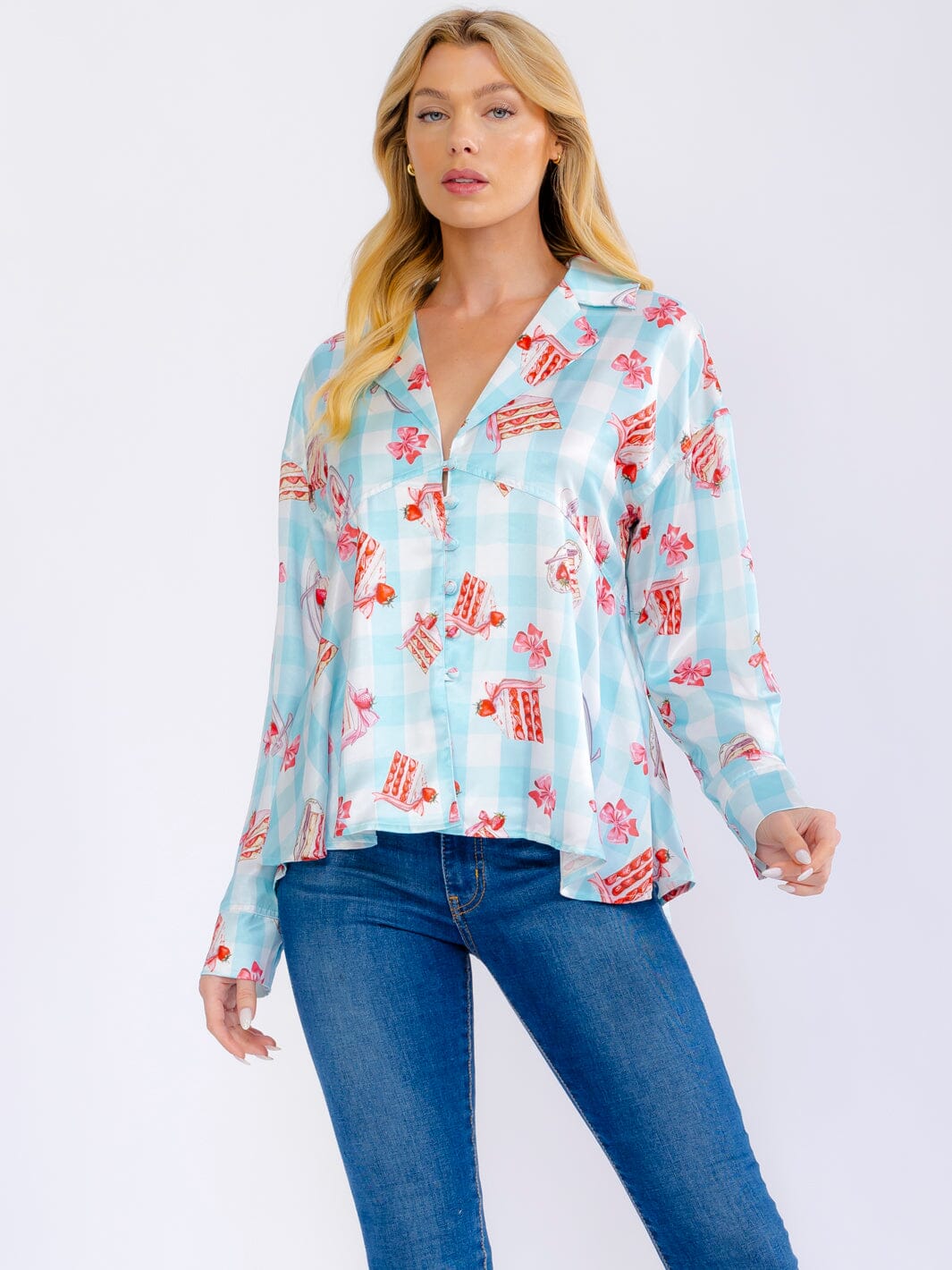 WOMEN'S LONG SLEEVE BUTTON UP MULTI PRINT BLOUSE