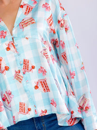 WOMEN'S LONG SLEEVE BUTTON UP MULTI PRINT BLOUSE