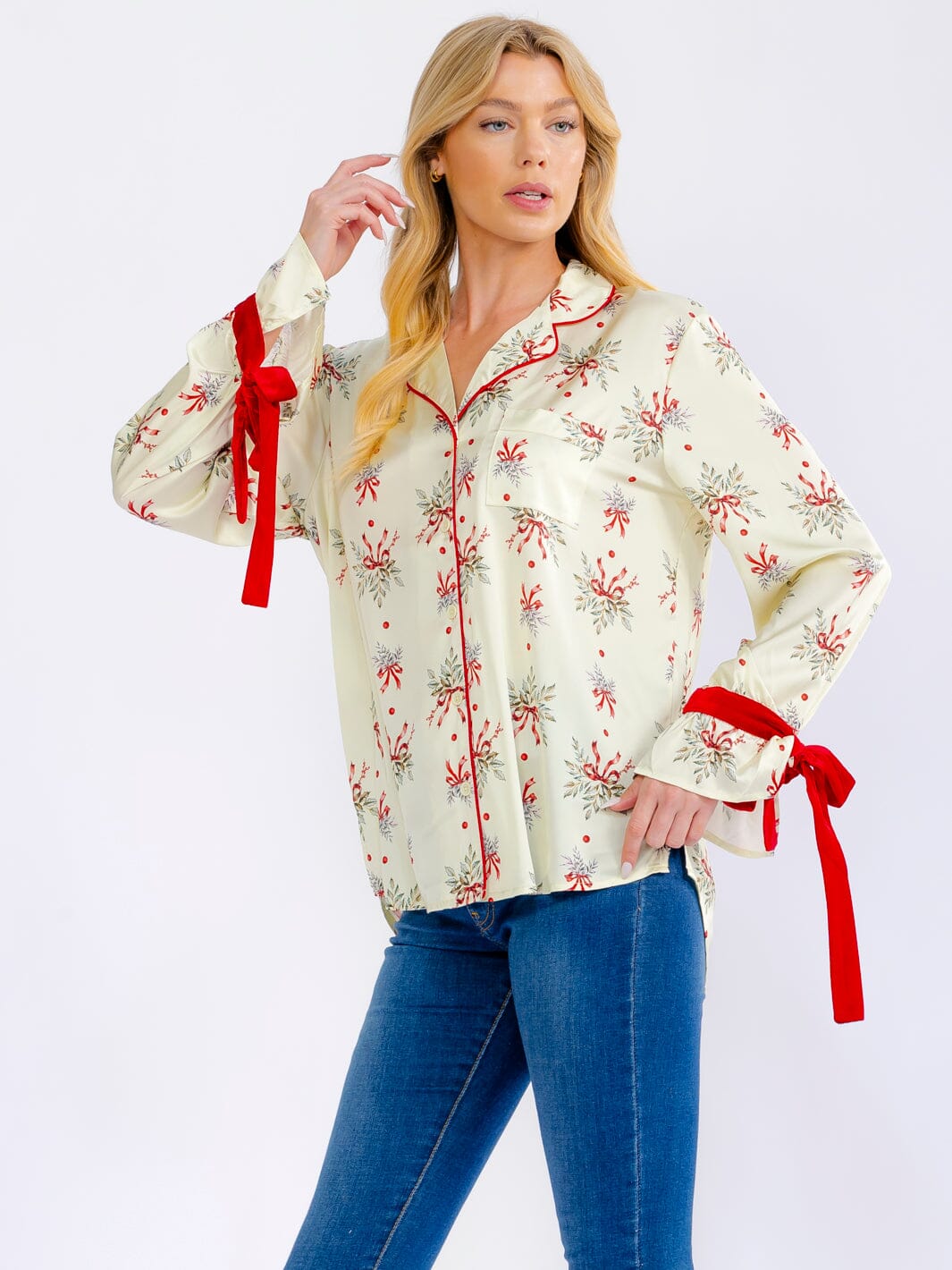 WOMEN'S LONG SLEEVE BUTTON UP FRONT POCKET HIGH-LOW HOLIDAY BLOUSE