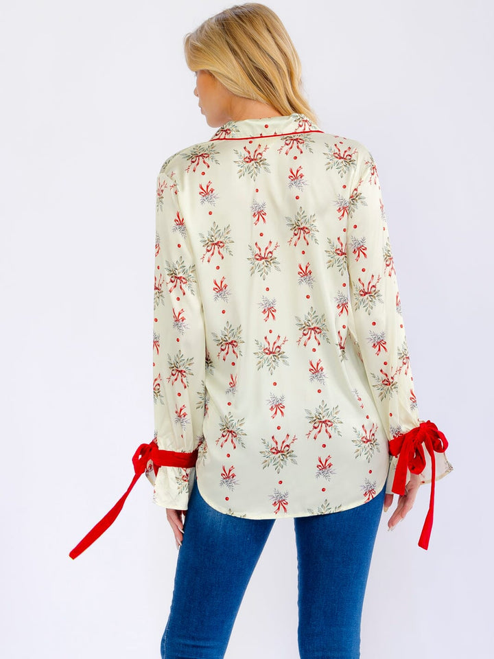 WOMEN'S LONG SLEEVE BUTTON UP FRONT POCKET HIGH-LOW HOLIDAY BLOUSE