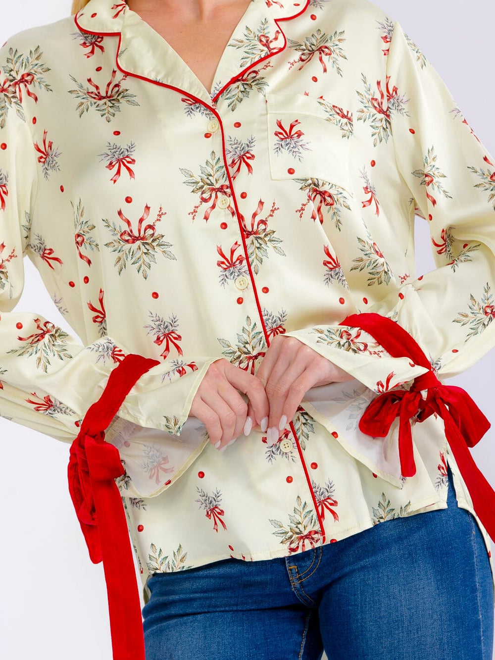 WOMEN'S LONG SLEEVE BUTTON UP FRONT POCKET HIGH-LOW HOLIDAY BLOUSE