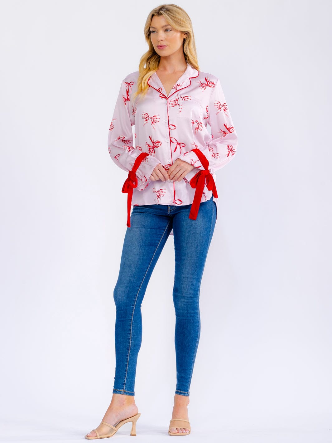 WOMEN'S LONG SLEEVE BUTTON UP FRONT POCKET HIGH-LOW BOW PRINT BLOUSE