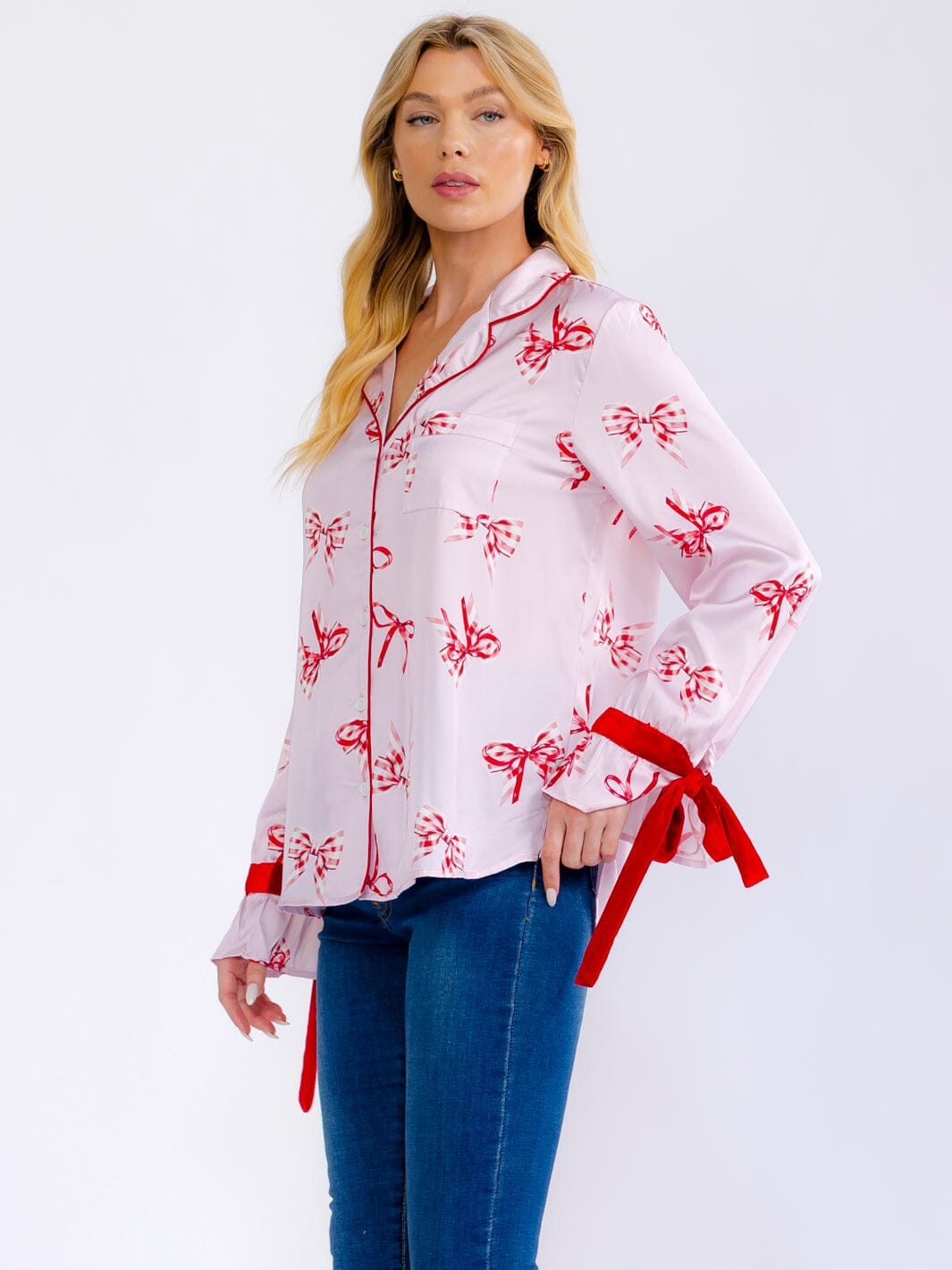WOMEN'S LONG SLEEVE BUTTON UP FRONT POCKET HIGH-LOW BOW PRINT BLOUSE