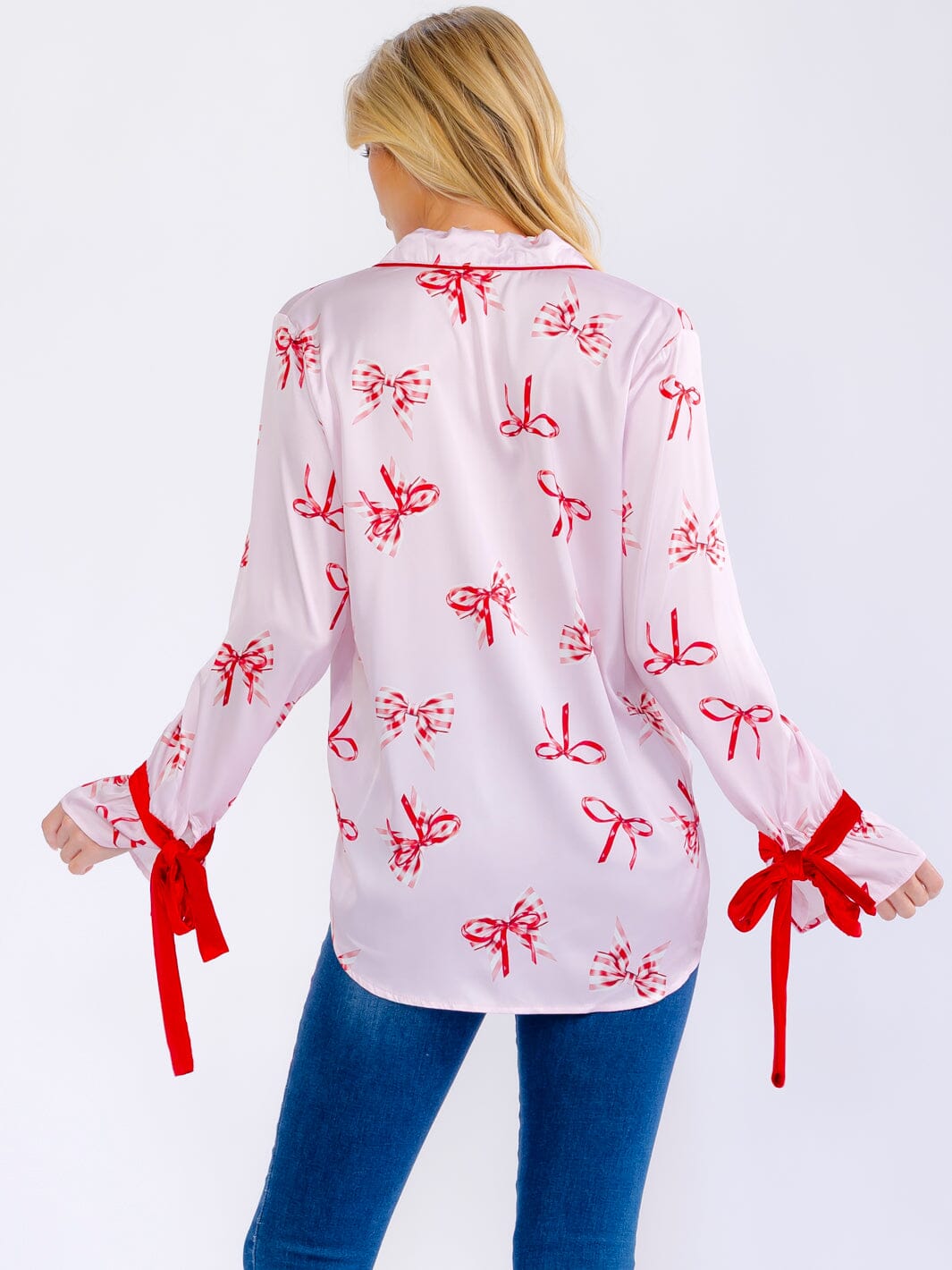 WOMEN'S LONG SLEEVE BUTTON UP FRONT POCKET HIGH-LOW BOW PRINT BLOUSE