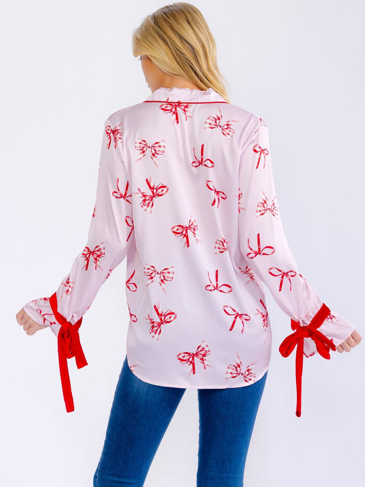 WOMEN'S LONG SLEEVE BUTTON UP FRONT POCKET HIGH-LOW BOW PRINT BLOUSE