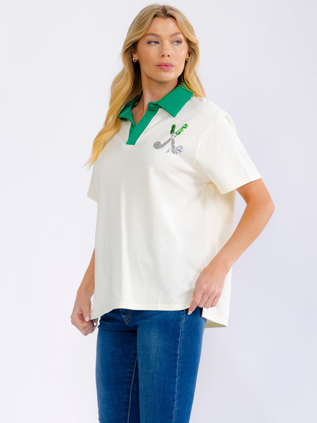 WOMEN'S SHORT SLEEVE V-NECK SEQUINS GRAPHIC SHIRT