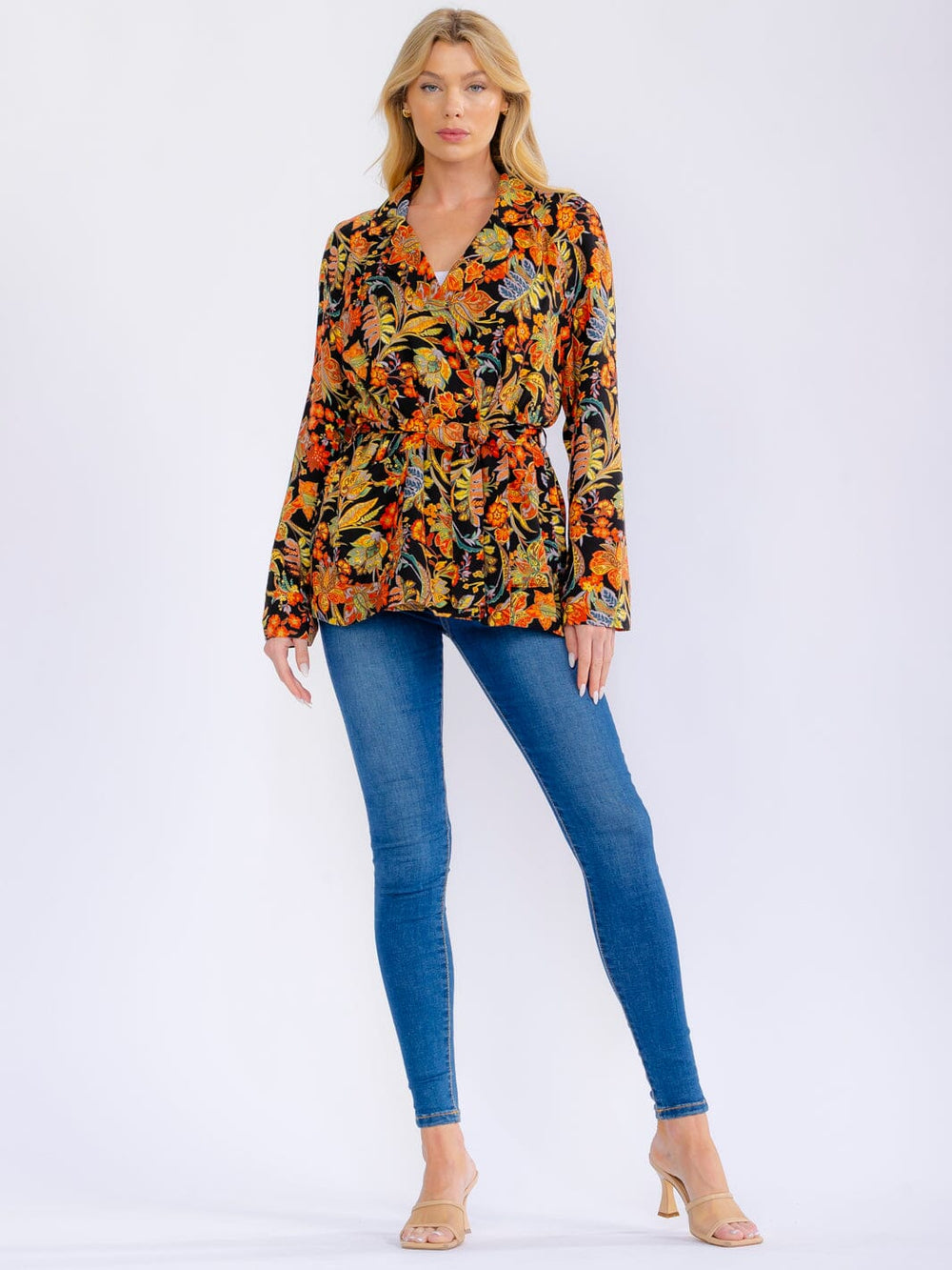 WOMEN'S LONG SLEEVE POCKETS OPEN FRONT SELF TIE FLORAL BLAZER