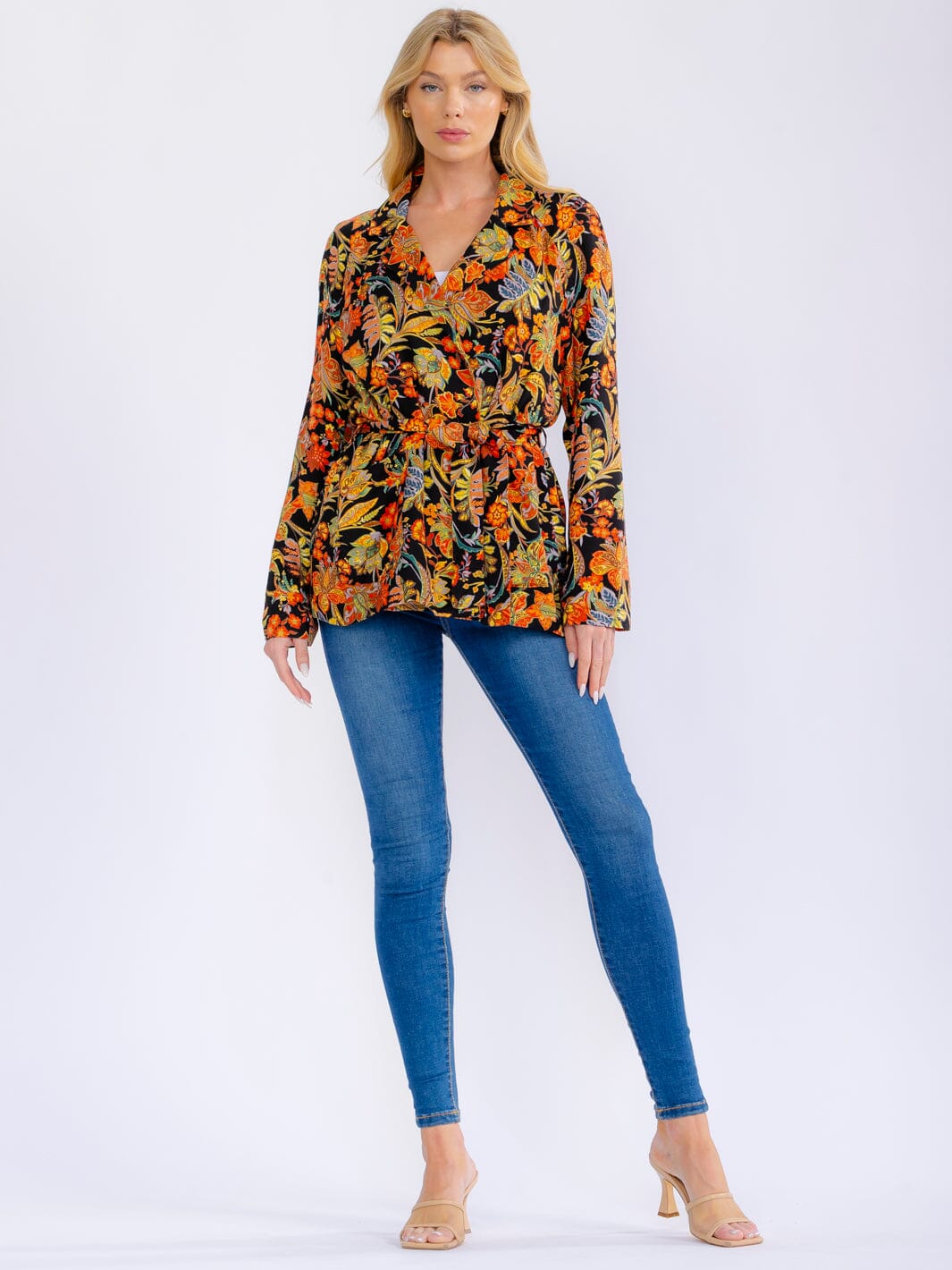WOMEN'S LONG SLEEVE POCKETS OPEN FRONT SELF TIE FLORAL BLAZER