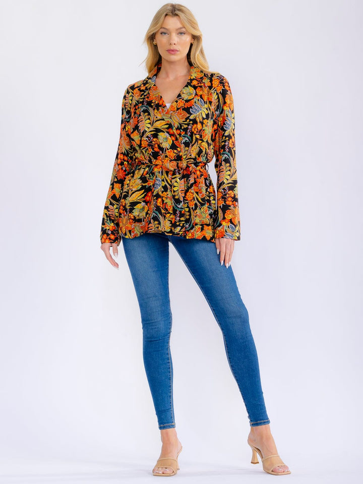 WOMEN'S LONG SLEEVE POCKETS OPEN FRONT SELF TIE FLORAL BLAZER