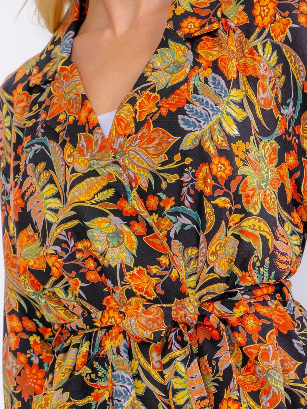 WOMEN'S LONG SLEEVE POCKETS OPEN FRONT SELF TIE FLORAL BLAZER