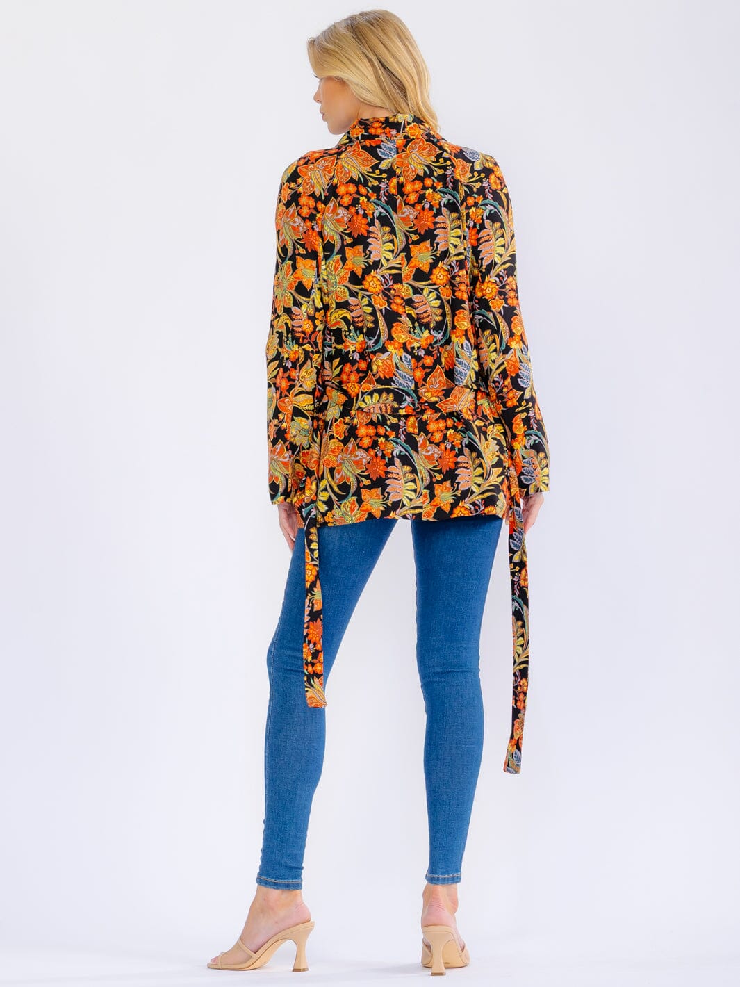 WOMEN'S LONG SLEEVE POCKETS OPEN FRONT SELF TIE FLORAL BLAZER