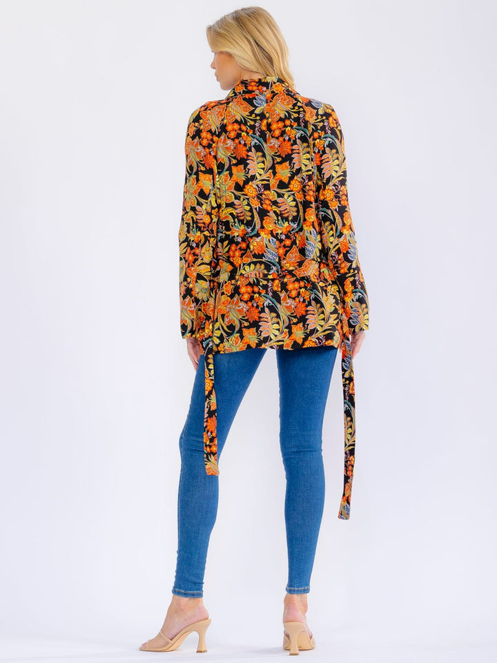 WOMEN'S LONG SLEEVE POCKETS OPEN FRONT SELF TIE FLORAL BLAZER