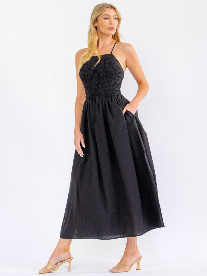 WOMEN'S SLEEVELESS OPEN BACK SMOCK FRONT POCKETS SIDE SLIT MAXI DRESS