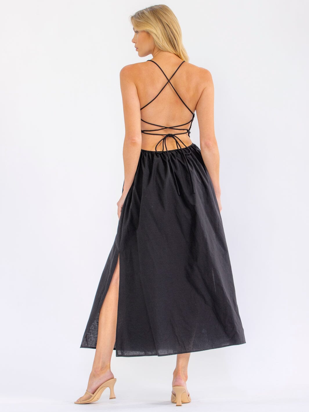 WOMEN'S SLEEVELESS OPEN BACK SMOCK FRONT POCKETS SIDE SLIT MAXI DRESS