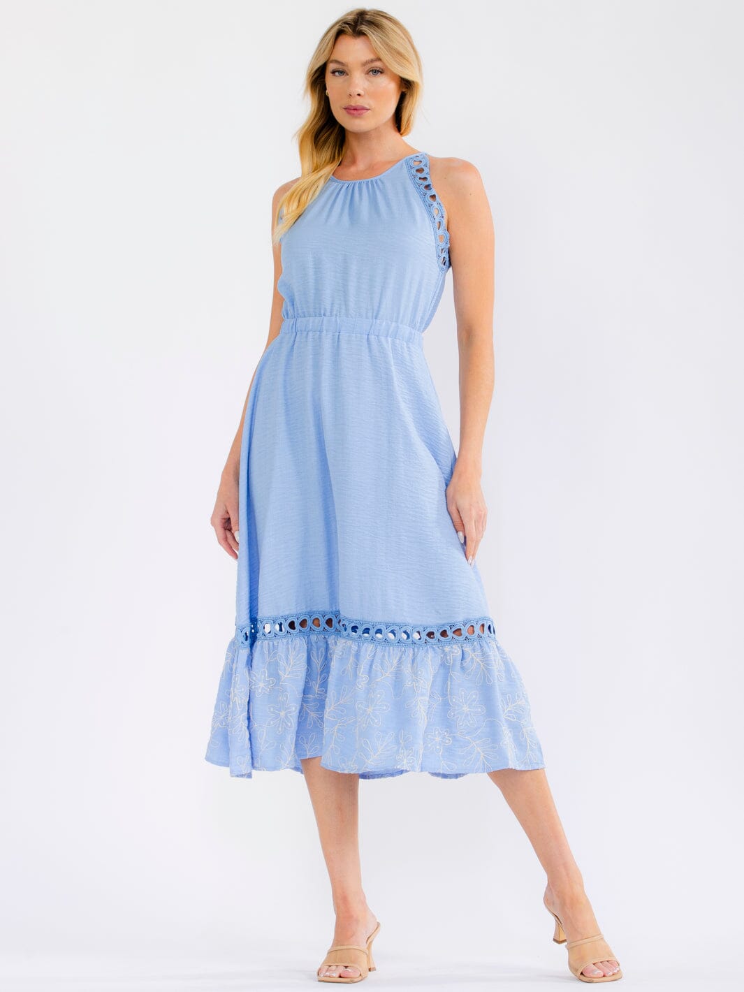 WOMEN'S SLEEVELESS ELASTIC WAIST SELF TIE CROCHET DETAILED MID DRESS